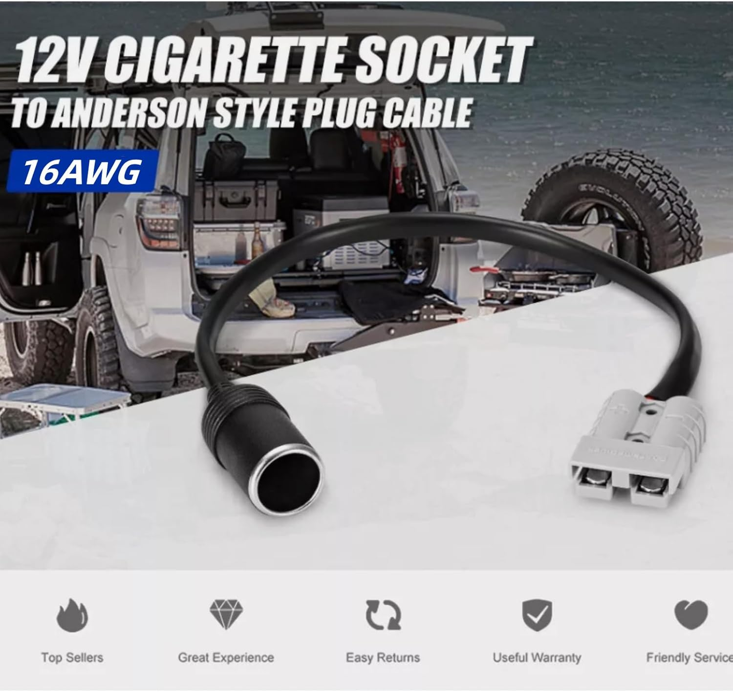 KUGONTC 600V 12V Cigarette Female Socket to Anderson Cable 30CM, 16AWG Cig Extension Wiring Kit with 50A Anderson Style Connector, for In-Car Small Appliances image number 4