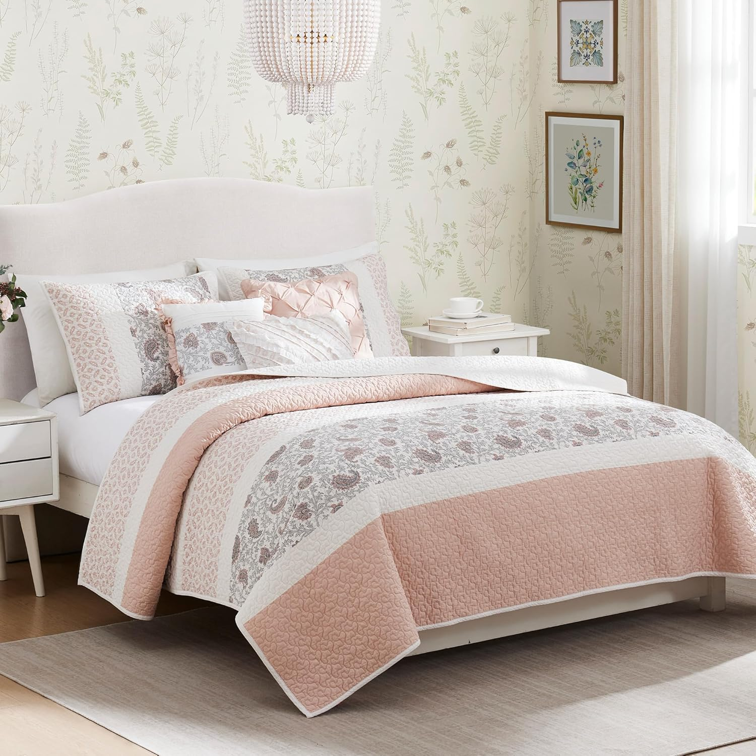 Madison Park Dawn 100% Cotton Quilt Set Floral Print, Double Sided Stitching, All Season, Lightweight Coverlet Bedding Layer, Matching Shams, King/Cal King, Blush 6 Piece