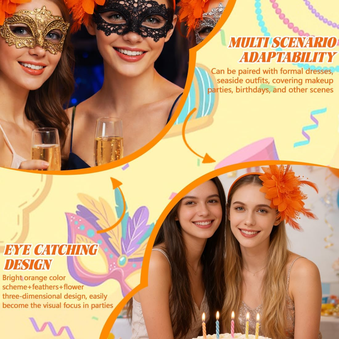 OIXEYA Feather Headband, Costume for Carnival, Feather Headband with Artificial Flowers, 1920S Fascinator Headpiece for Women, for Carnival Party, Cosplay, Wedding (Orange) image number 2