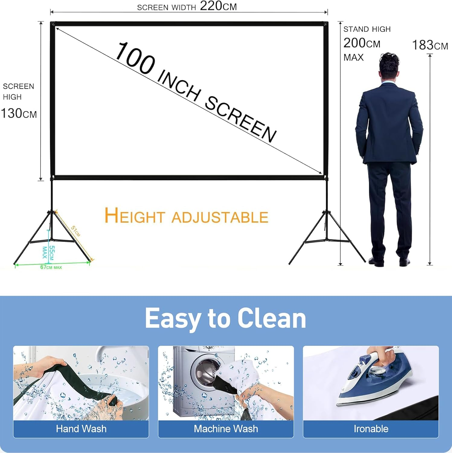 No Wrinkles 100 Inch Projector Screen - Super Stable with Dual Tripods, Strong Stands, Portable Design for Indoor/Outdoor, 16:9, 4K - Perfect for Camping, Parties, and Home Theater image number 5