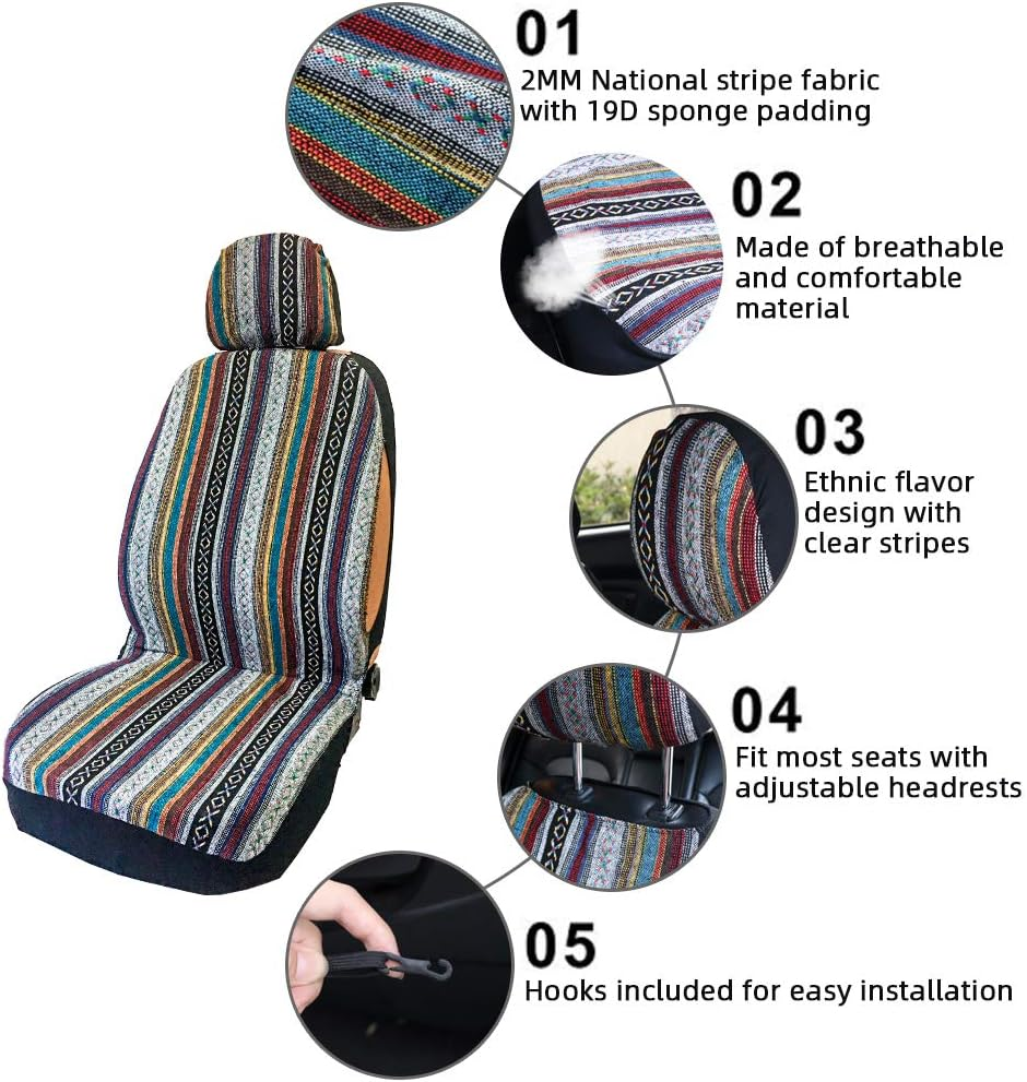 Car Seat Cover Baja Saddle Blanket 4PCS Front Striped Multicolor, Hippie Boho Seat Cover Universal Fit for Toyota, Honda, Nissan, Chevy, Rav4 Car Suvs Truck with Airbag Compatible - Multicolor image number 4