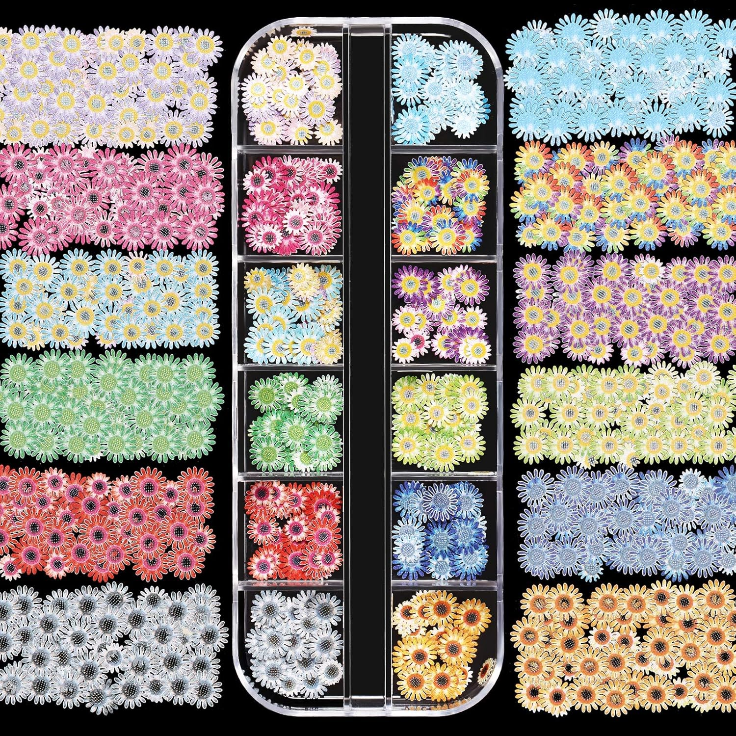 Maitys 3 Boxes 1080 Pcs 3D Flowers for Nails Decals (Not Self Adhesive or Stickers) Colorful Mixed 3D Flower Leaves Wood Pulp Nail Sequins for DIY Manicures