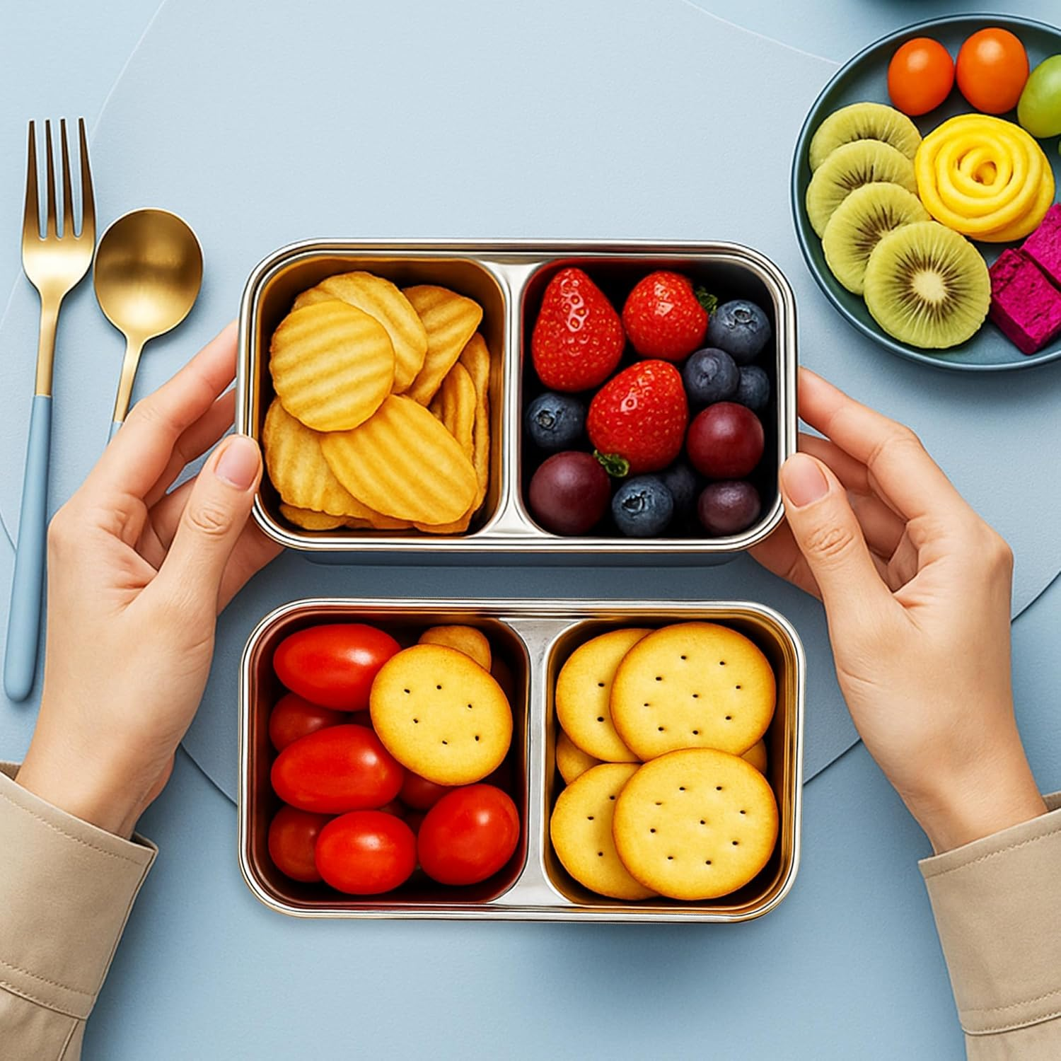 2PCS Reusable Snack Containers with Lids - Stainless Steel Bento Box - Stainless Steel Food Storage Containers - Dishwasher and Suitable for Kitchen Snacks Dips Take Out Travel and Outdoor Camping image number 2