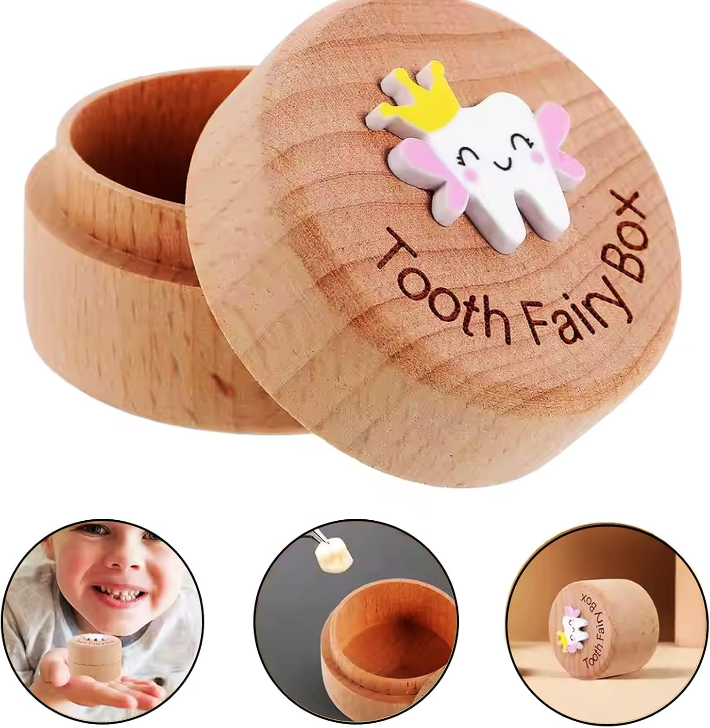 MYTOAU 2PCS Tooth Fairy Box, 3D Carved Wooden Holder Cute Tooth Keepsake Box Storage Baby Saver Container Box for Boys Girls Birthday Baby Shower Gifts image number 1