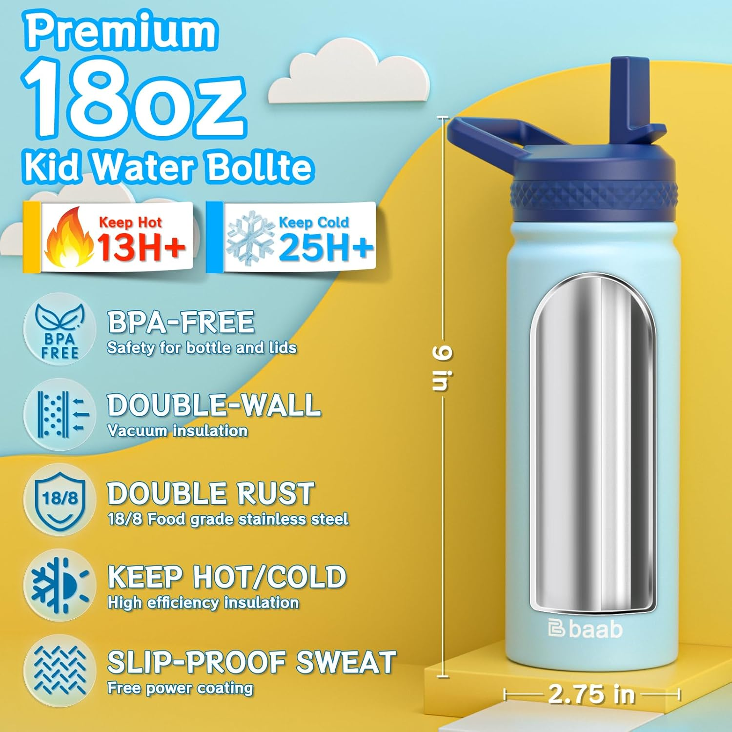 Baab 18Oz Kids Water Bottle, Insulated Water Bottle with Straw & Stickers, 18/8 Stainless Steel Vacuum Leakproof Kids Water Straw Cup for Sports Travel & School (Light Blue, 1 Pack) image number 5