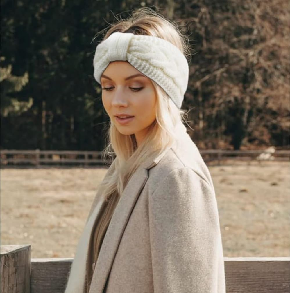 KOMUNJ Winter Headband, Women'S Headbands, Knitted Thick Hair Band, Knitted Warm Headbands, Ear Warmers, Headband for Women and Girls (2 Pieces, White, Pink) image number 4