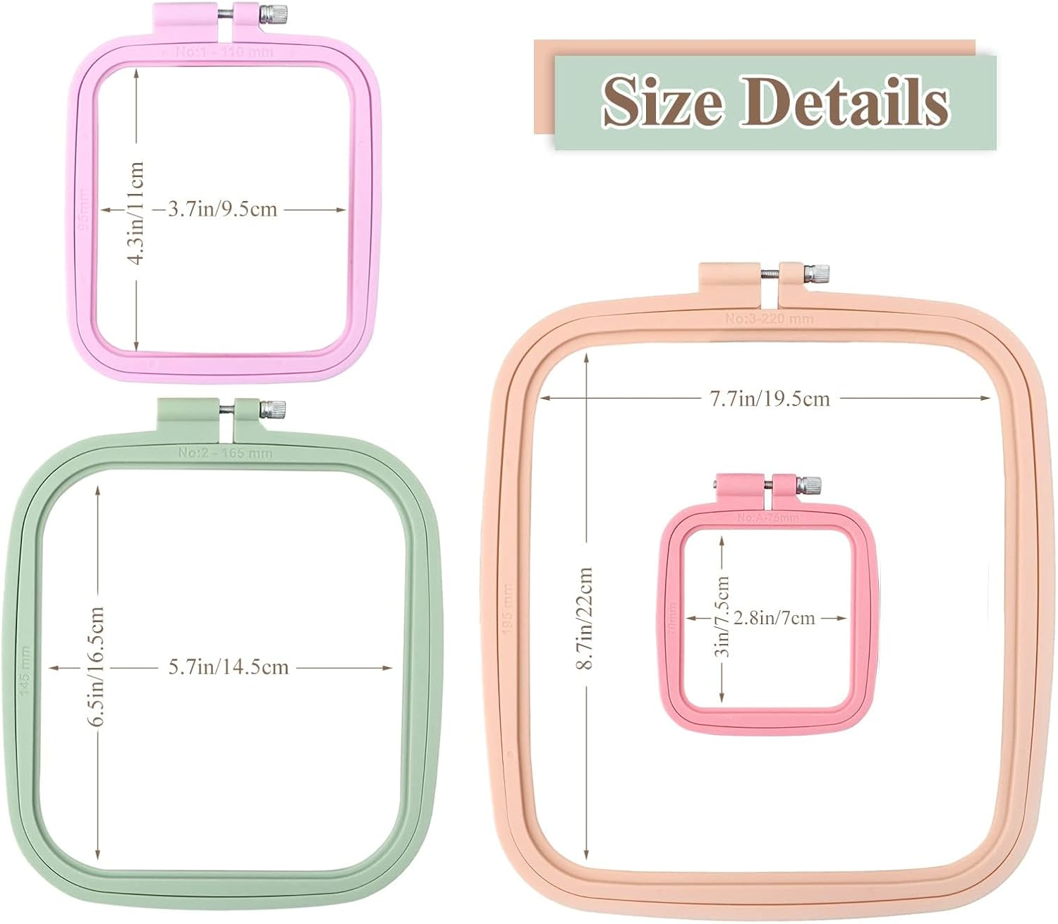 4 Pcs 4 Size Square Embroidery Hoops, ABS Plastic Embroidery Hoops Cross Stitch Hoops Embroidery Frames for Sewing, Needlework, Embroidery Projects (Size-3", 4.3", 6.5", 8.7") image number 4