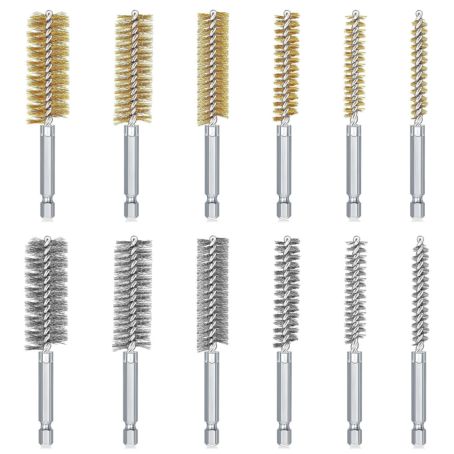 YUENTOEN 12PCS Bore Wire Brush, Stainless Steel Bore Brush Bristles Wire Brush for Rust and Tube Cleaning with 1/4 Inch Hex Shank Handle image number 1