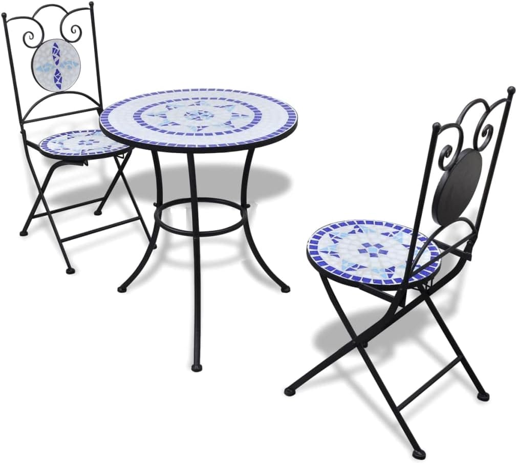 Vidaxl 3 Piece Bistro Set - Ceramic Tile Blue and White - Sturdy Iron Frame - Perfect for Garden, Balcony, or Patio - Includes 1 Table & 2 Chairs image number 4
