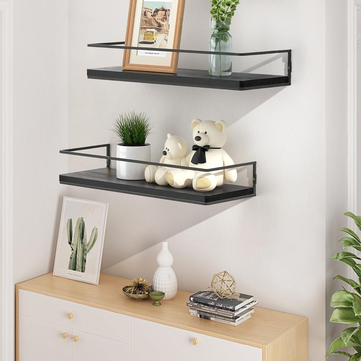 Delsol Floating Shelves for Wall, Wall Mounted Storage Shelves Set of 2 with Black Metal Frame, Towel Rack for Bathroom, Bedroom, Living Room, Kitchen, Office (Black) image number 4
