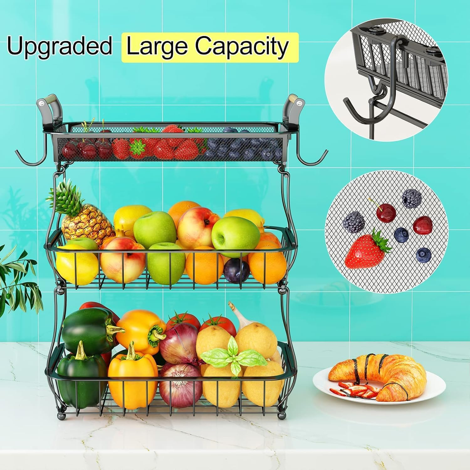 Fruit Basket, 3 Tier Fruit Bowl with 2 Banana Hanger, Kitchen Countertop Rack, Vegetable Counter Holder, Large Metal Bowls Perfect for Holding Fruits, Vegetables, Snacks, Cupcakes, Black image number 3