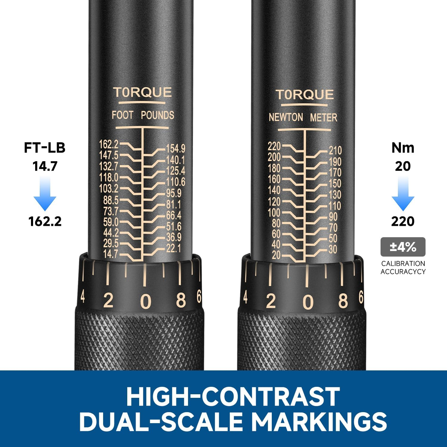 TOPEX 1/2" Drive Click Torque Wrench, 20-220 Nm / 14.7-162.2 Ft-Lb, Dual Scale, &plusmn;4% Accuracy, Reversible Ratchet, Durable Carbon Steel, Heavy Duty for Automotive & Mechanical Use image number 3