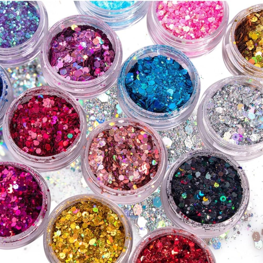 24 Jars Holographic Chunky Glitter for Crafts, Resin, Hair Face Body Makeup Nail, Crafts, Party Christmas Decorations, Different Size Hexagons Shaped image number 3