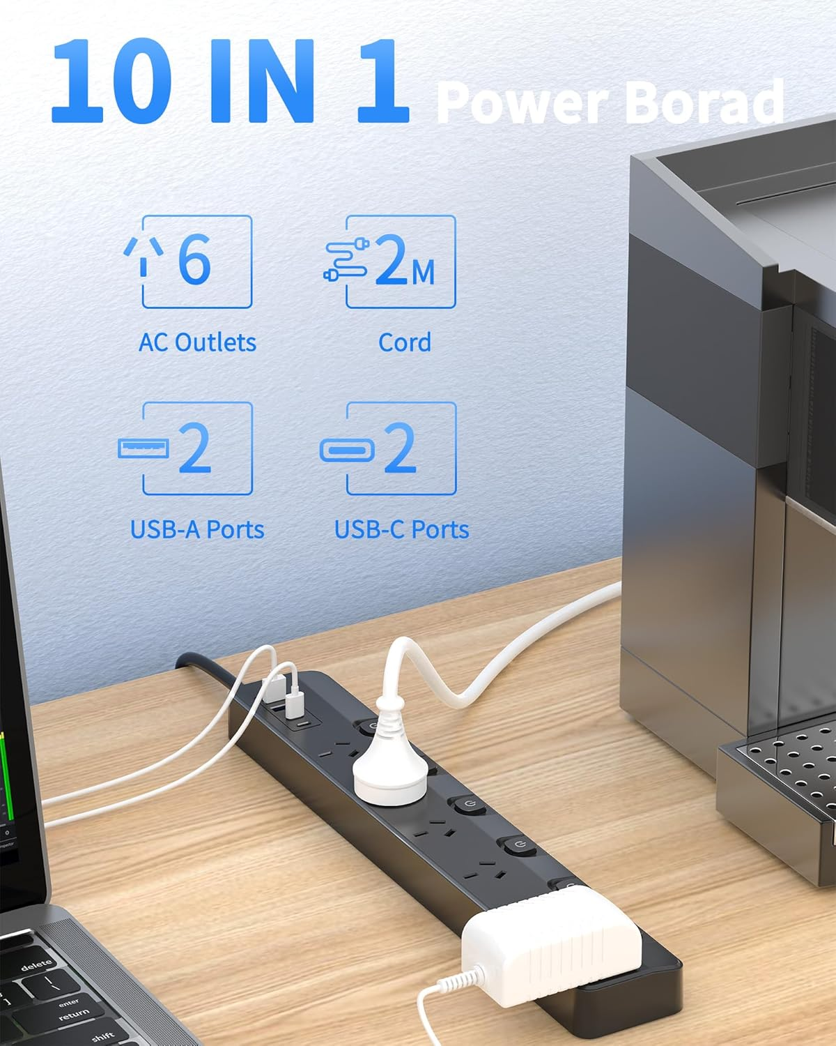 Power Board Individual Switch, Powerboard with 6 AC Outlets 4 USB Ports (2 USB C), 900J Power Board Surge Protected, SAA Certified, 2M Extension Cord for Home and Office, Black image number 2