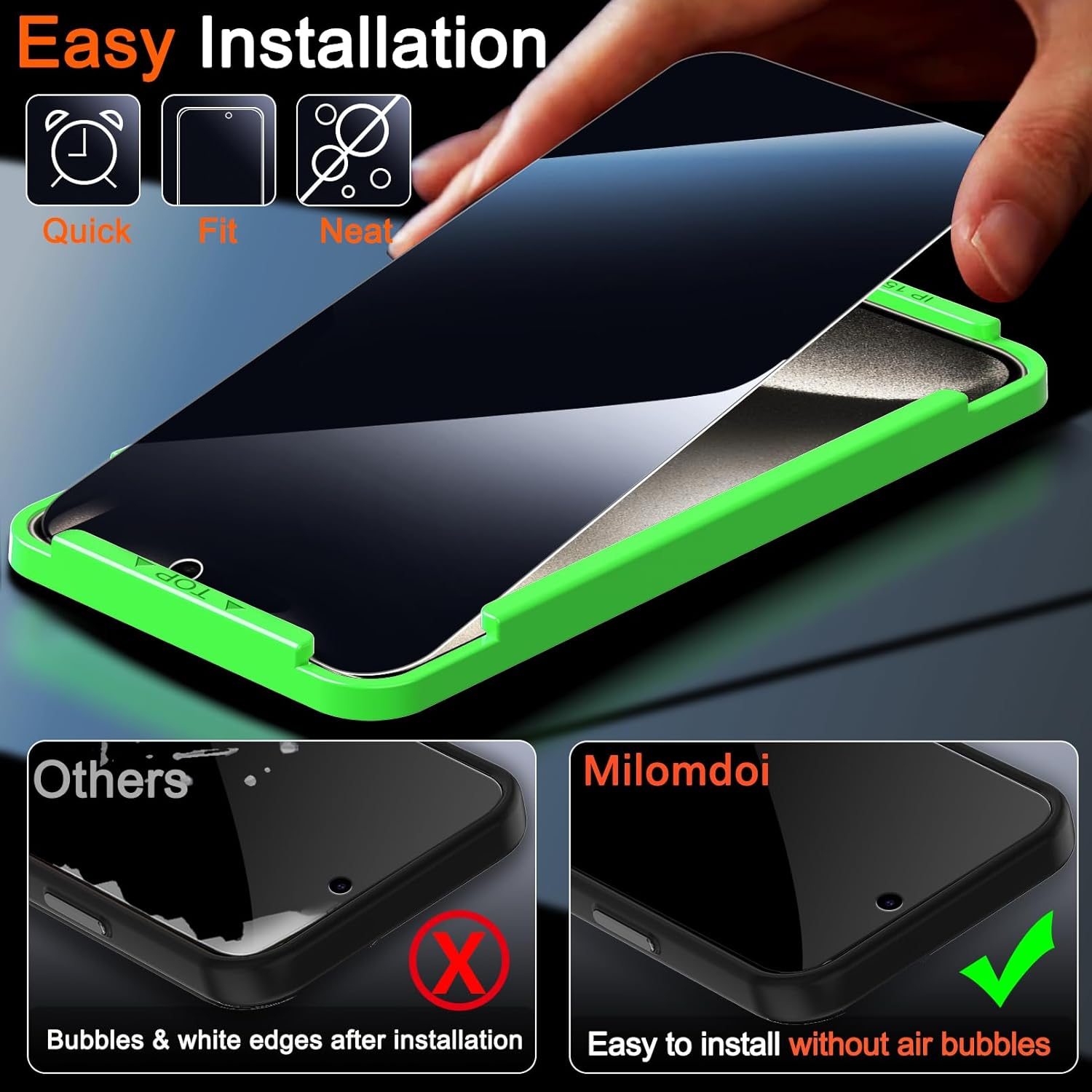 Milomdoi 4 Pack Privacy Screen Protector for Apple Iphone 15 Pro Max with 4 Pack Tempered Glass Camera Lens Protector, Ultra 9H Accessories, Case Friendly, Mounting Frame, 2.5D Curved, Black - Black image number 3