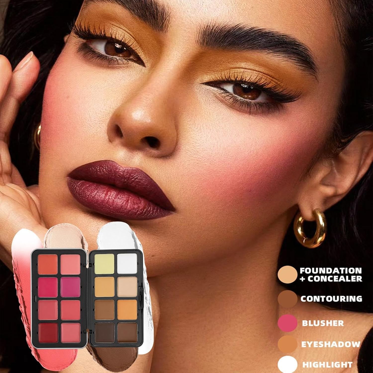 Cream Blush Palette, 16-Color Eyeshadow Makeup Palette Face Blush, Long-Lasting Highlighter Concealer Bronzer for Face Makeup Cheeks Women Girls Travel Work Birthday Party image number 5