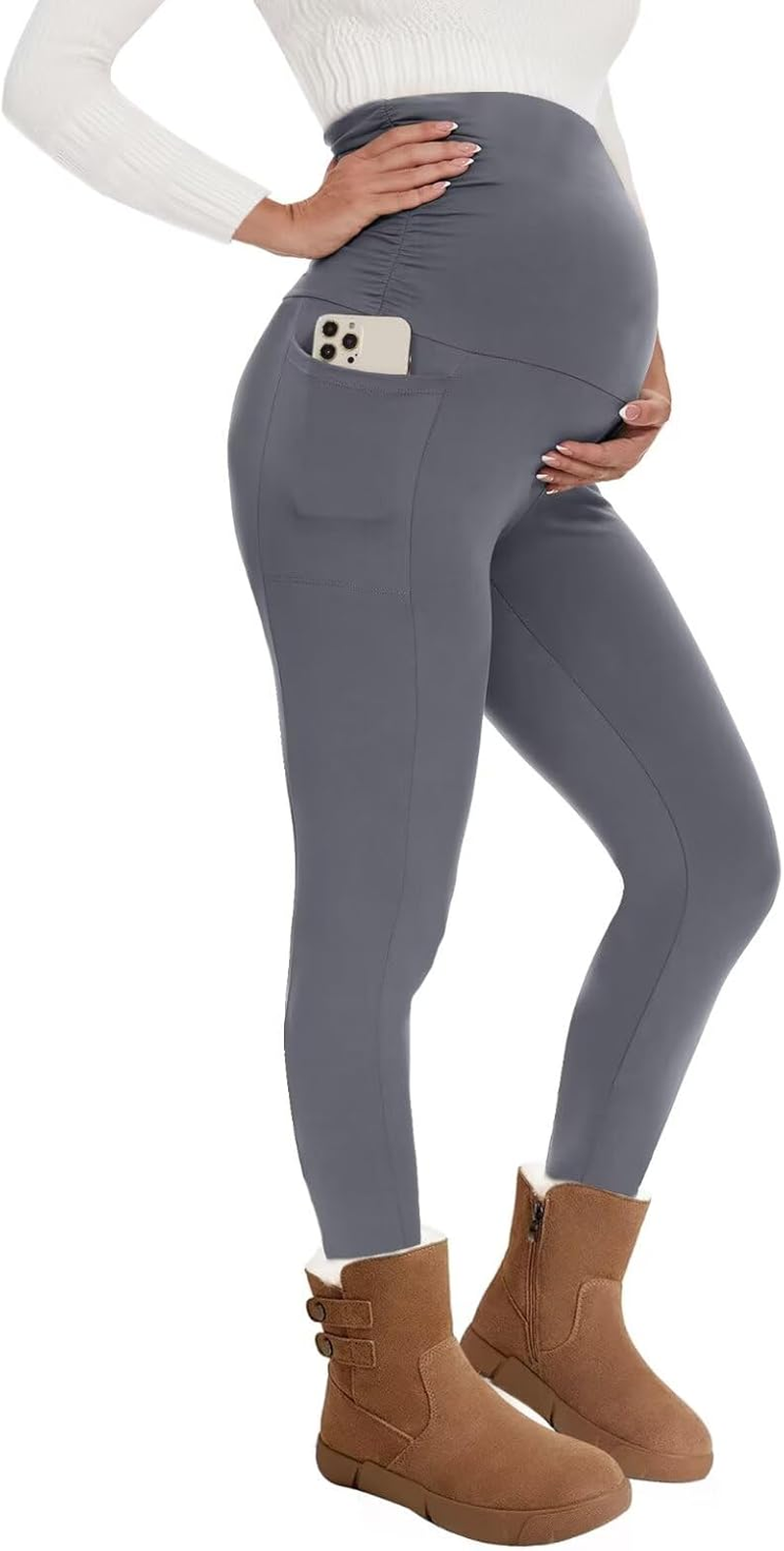 QGGQDD Women'S Thermal Maternity Leggings with Pockets High Waist Pregnancy Winter Opaque Warm Maternity Fashion Leggings Sport for Pregnant Women