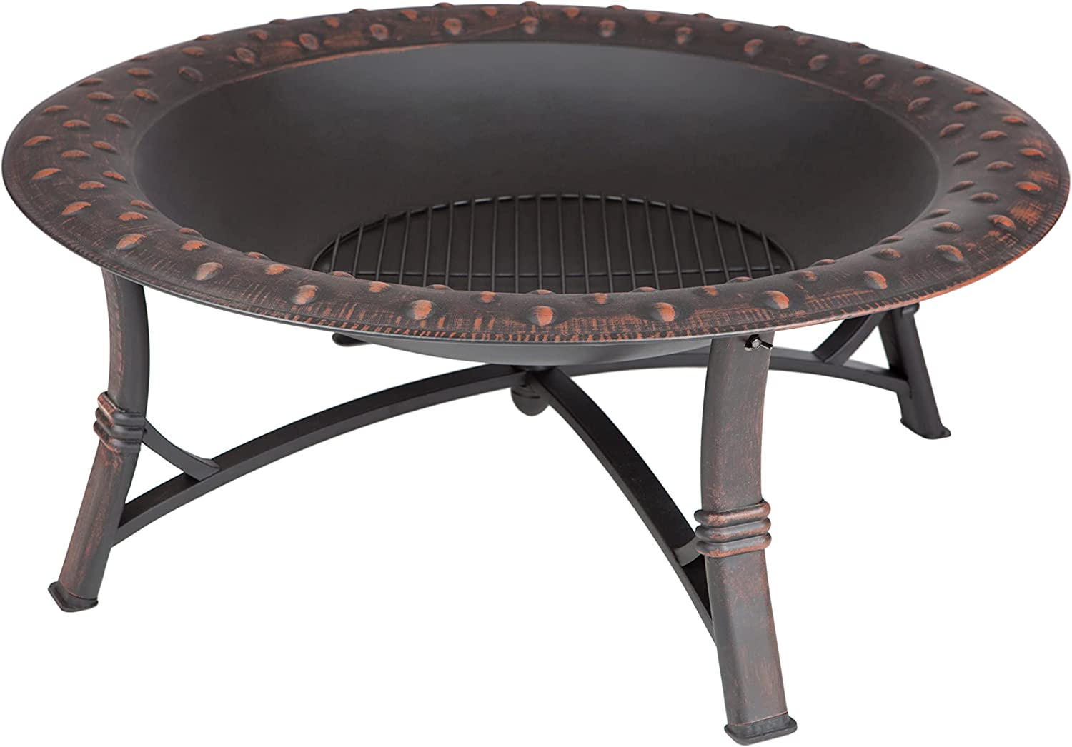 Fire Sense 60857 Fire Pit Roman Brushed Painted Steel Legs Wood Burning Lightweight Portable Patio Outdoor Firepit Backyard Fireplace Included Screen Lift Tool - 35"