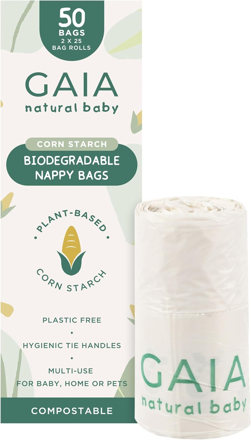 GAIA Natural Baby Biodegradable Nappy Bags | Plastic Free Cornstarch Bags | Easy‑Tie Handles | Hygienic Nappy Disposal | Eco‑Friendly & Compostable | Australian Brand | 50Pk