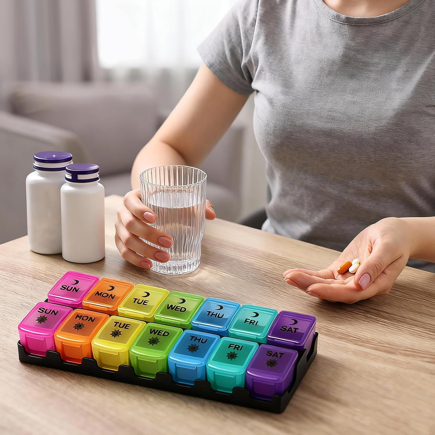 7 Day Medication Organizer Daily Pill Box - Push Button Open, 14 Large AM/PM Compartments for Vitamins/Fish Oil/Supplements, Weekly Pill Container for Seniors (Colorful) image number 5