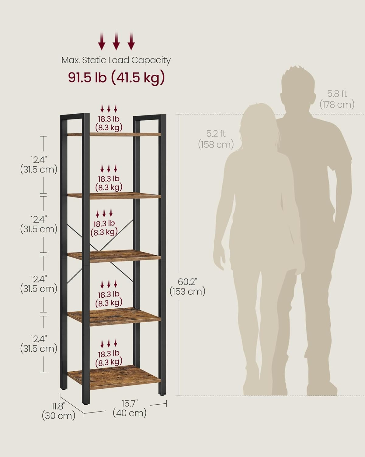 VASAGLE Bookshelf, Bookcase, 5-Tier Storage Shlef Rack with Steel Frame, for Living Room, Office, Study, Hallway, Industrial Style, Rustic Brown and Black ULLS100B01 image number 6