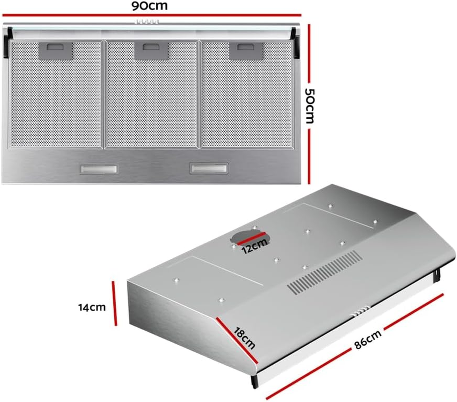 Devanti Range Hood 90Cm 900Mm Wall Mount Canopy, Stainless Steel Recirculating Duct Kitchen Ventilation, 3 Speed Exhaust Fan Aluminium Filters LED Lights Silver image number 5