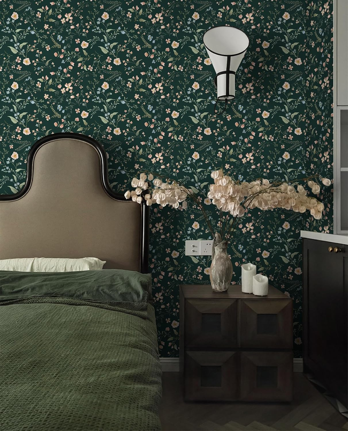 Eeecoming Floral Peel and Sick Wallpaper Vintage Wall Paper Green Contact Paper Flowers Removable Self Adhesive Wallpaper for Bedroom Bathroom Cabinets Vinyl Roll 17.3"X196.8" image number 3
