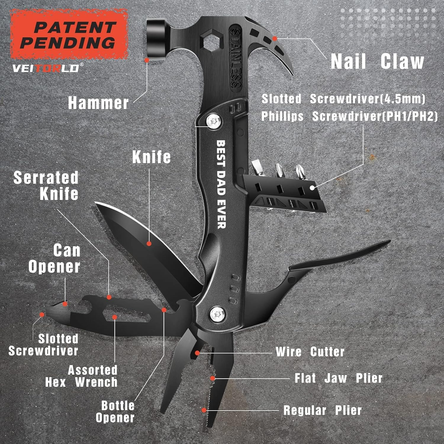Fathers Day Gift, Father'S Day Multitool Gifts,15 in 1 Multitool Hammer Survival Multitool for Men, Gifts for Men Dad Husband,Dad'S Gifts from Son Daughter Wife, Dads Birthday Gift image number 2
