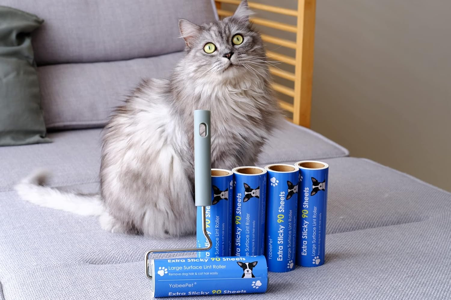 Extra Sticky Large Surface Lint Roller, 6.3''/16Cm Giant Pet Hair Remover Roller for Pet Dog Cat Hair, Clothes&Furniture Cleaning, 90 Sheets (1 Roller + 2 Refills) image number 3