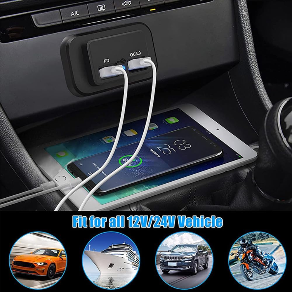 2PCS 12V/24V RV USB Outlet, Dual Quick Charge 3.0 12V Socket USB Charger and PD Type-C (USB C), Waterproof Power Socket for RV Marine Boat Bus ATV Motorcycle Truck Golf Cart image number 1