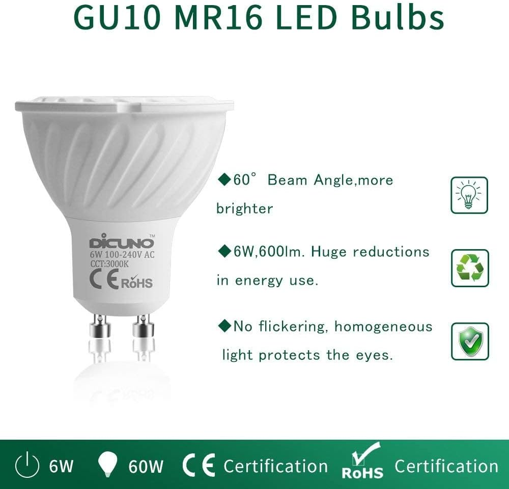 Dicuno GU10 LED Bulb, 6W 600LM, 60W Halogen Equivalent, Warm White 3000K, MR16 Spotlight Bulbs, AC100-240V, Non-Dimmable, Energy Saving, 6-Pack image number 1