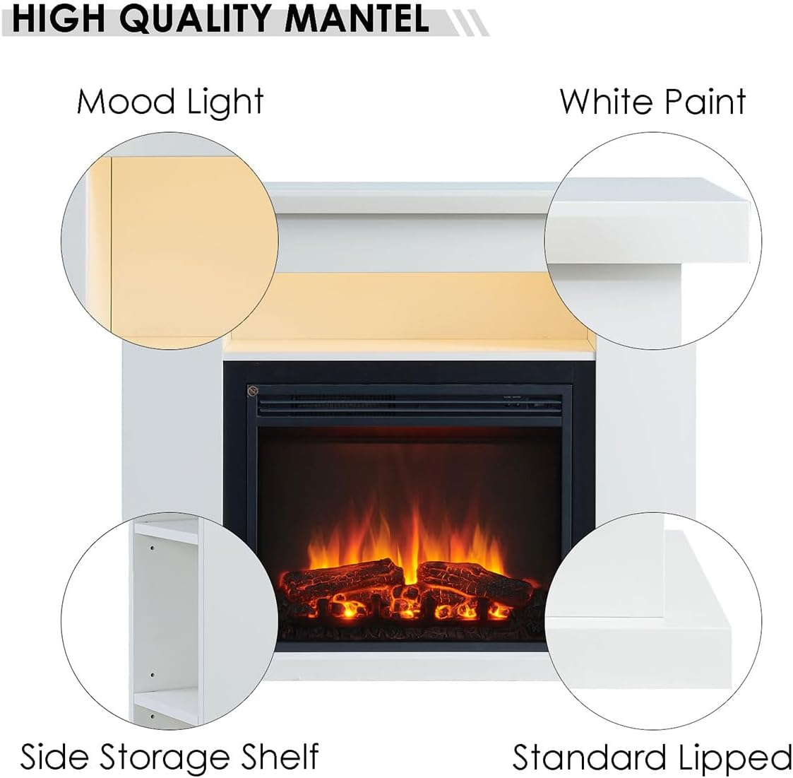 Modaliving Quartz 2000W Electric Fireplace Heater Mantel Suite Adjustable Shelves Mood Lighting Remote Control White or Rustic Dark Oak Finish (White)