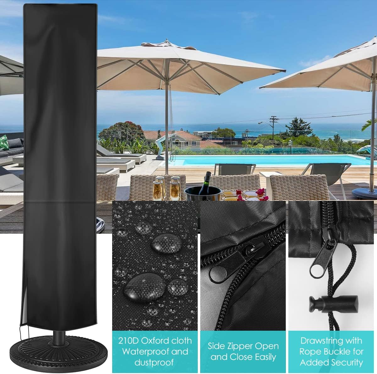 Patio Umbrella Cover Waterproof Outdoor Umbrella Cover with Zipper Rainproof 210D Parasol Covers Oxford Fabric with Wind Protection, UV Protection, Dust Storage (1Pcs)