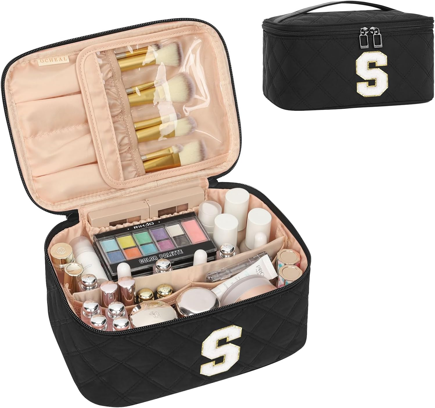 OCHEAL Makeup Bag for Women, Monogram Cosmetic Bag with Brush Holder,Black Travel Makeup Case Beauty Toiletry Bag Organizer Personalized Gifts for Girls Bridesmaid, Sister, Wife, Friends Initial S image number 2