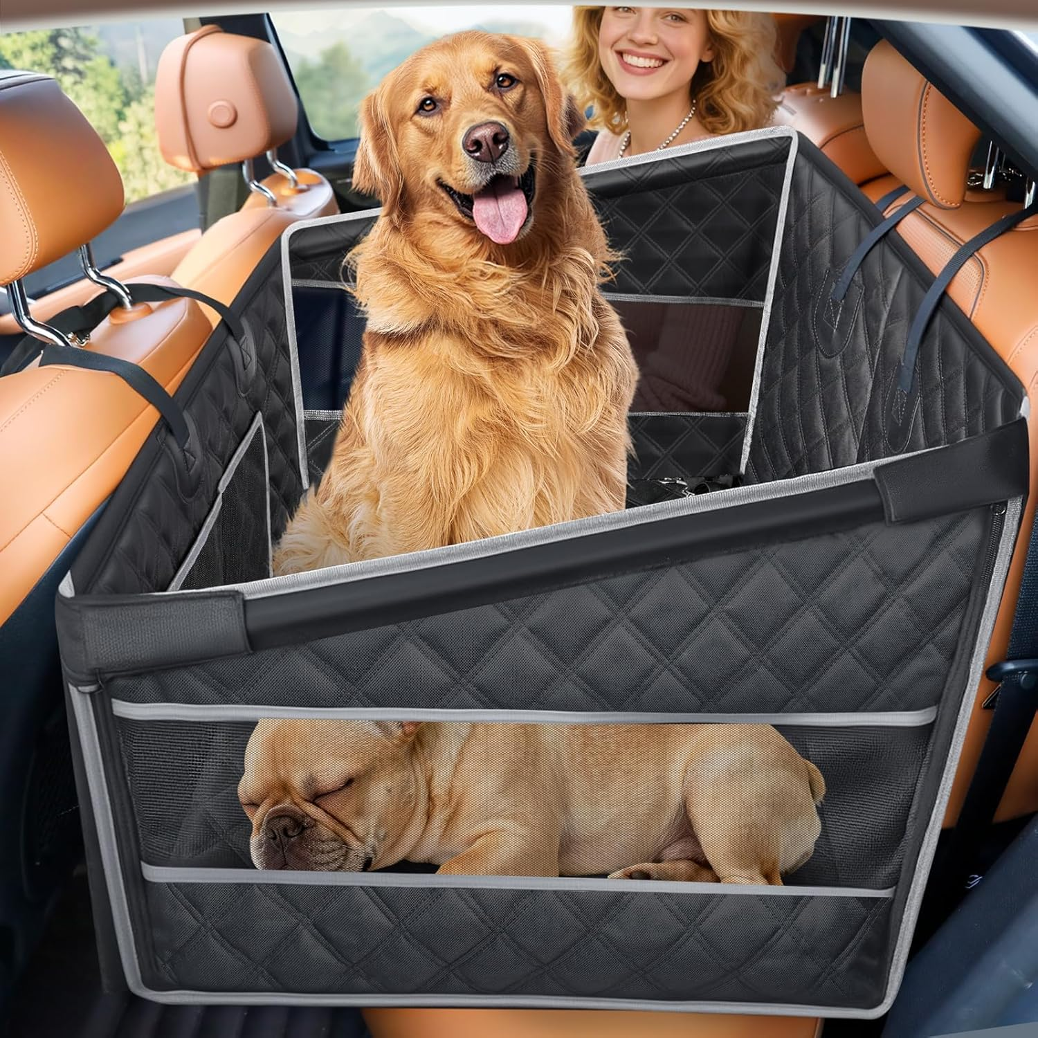 Gimars Upgrade Dog Car Seat for Large Medium Size Dogs, Waterproof Back Seat Extender for Pets Hard Bottom, Half Hammock with Non-Slip Base Mesh Window Storage Pocket, Dog Seat for Car/Suv/Trucks (L) image number 3