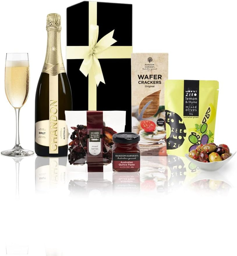 Chandon and Antipasto Gift Set - Chandon Champagne Gift Hamper, Gift Basket with Champagne, Gourmet Gift Basket with Olives, Crackers, Quince Paste & Berries