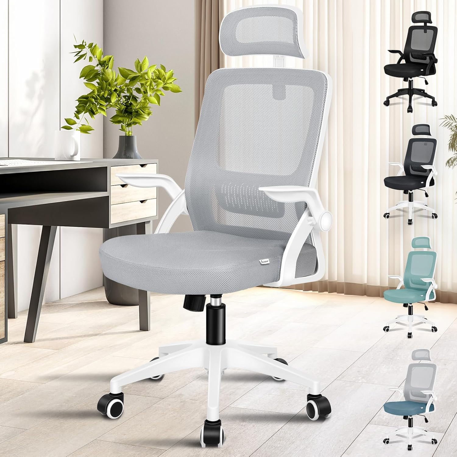 ALFORDSON Mesh Ergonomic Office Chair with Adjustable Headrest & Flip-Up Armrest, Tilting Executive Computer Desk Chair with SGS Listed Gas-Lift, Swivel Gaming Chair(Arco White Grey) image number 5
