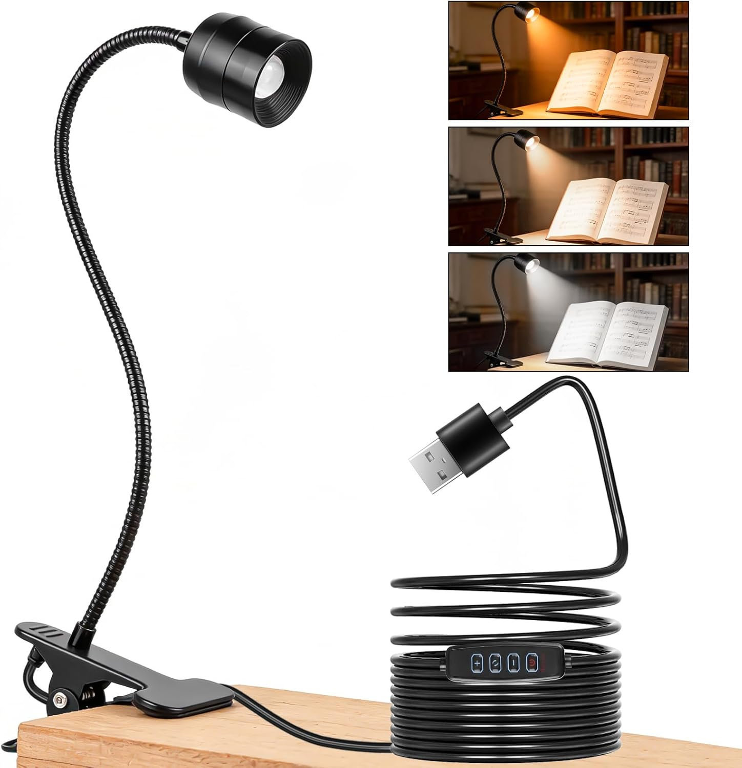 LED Reading Lamp Clamp Light, Dimmable Clamp Lamp with Switch Plug, 3 Colour Temperatures, Gooseneck Design with Beam, Adjustable 15&deg;-80&deg;, for Reading Indoor Lighting, Bed Night Reading (Black) image number 1