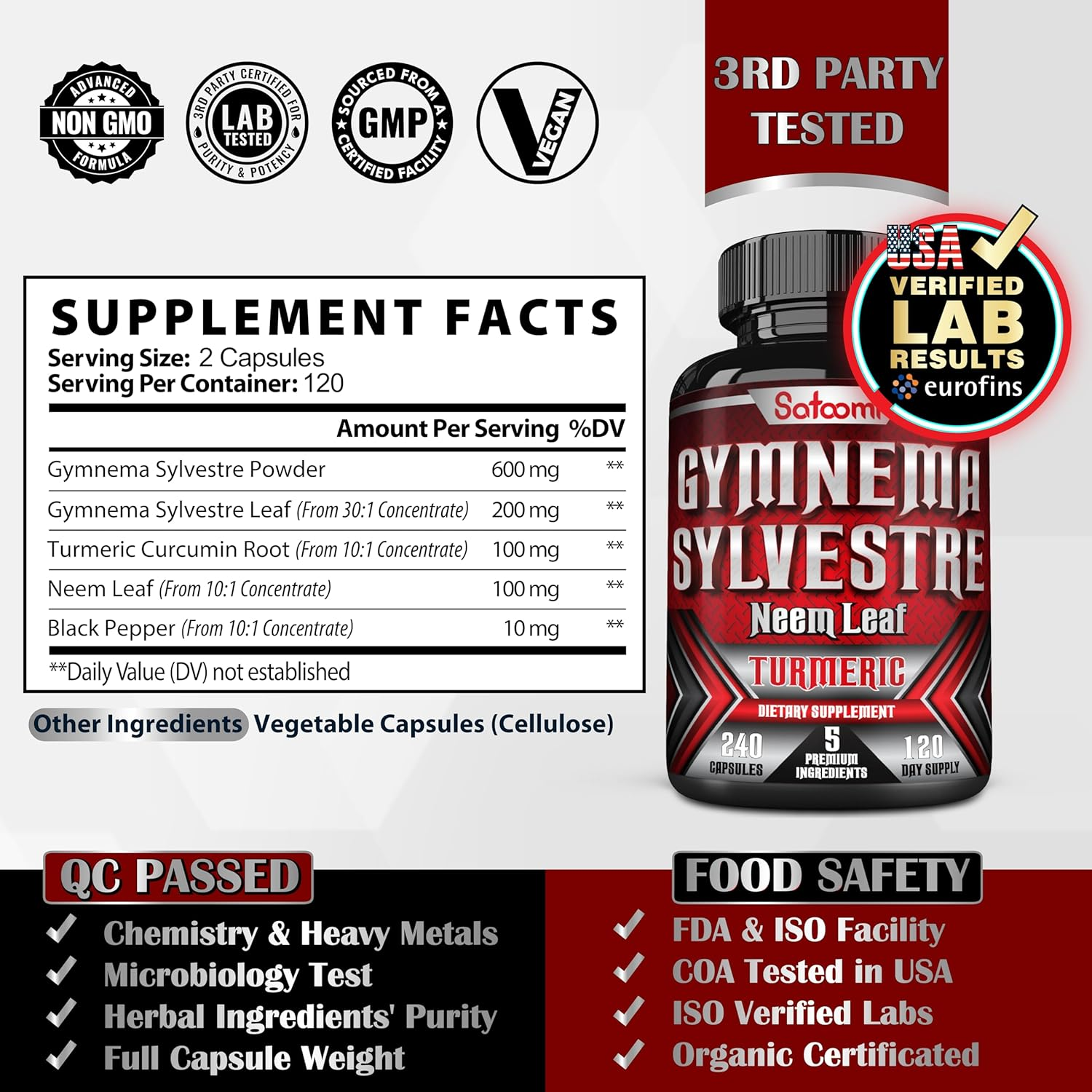 SATOOMI Gymnema Sylvestre Extract Capsules - with Turmeric, Neem Leaf & Black Pepper - 240 Vegan Caps for 4 Months - Non-Gmo, Gluten Free image number 1