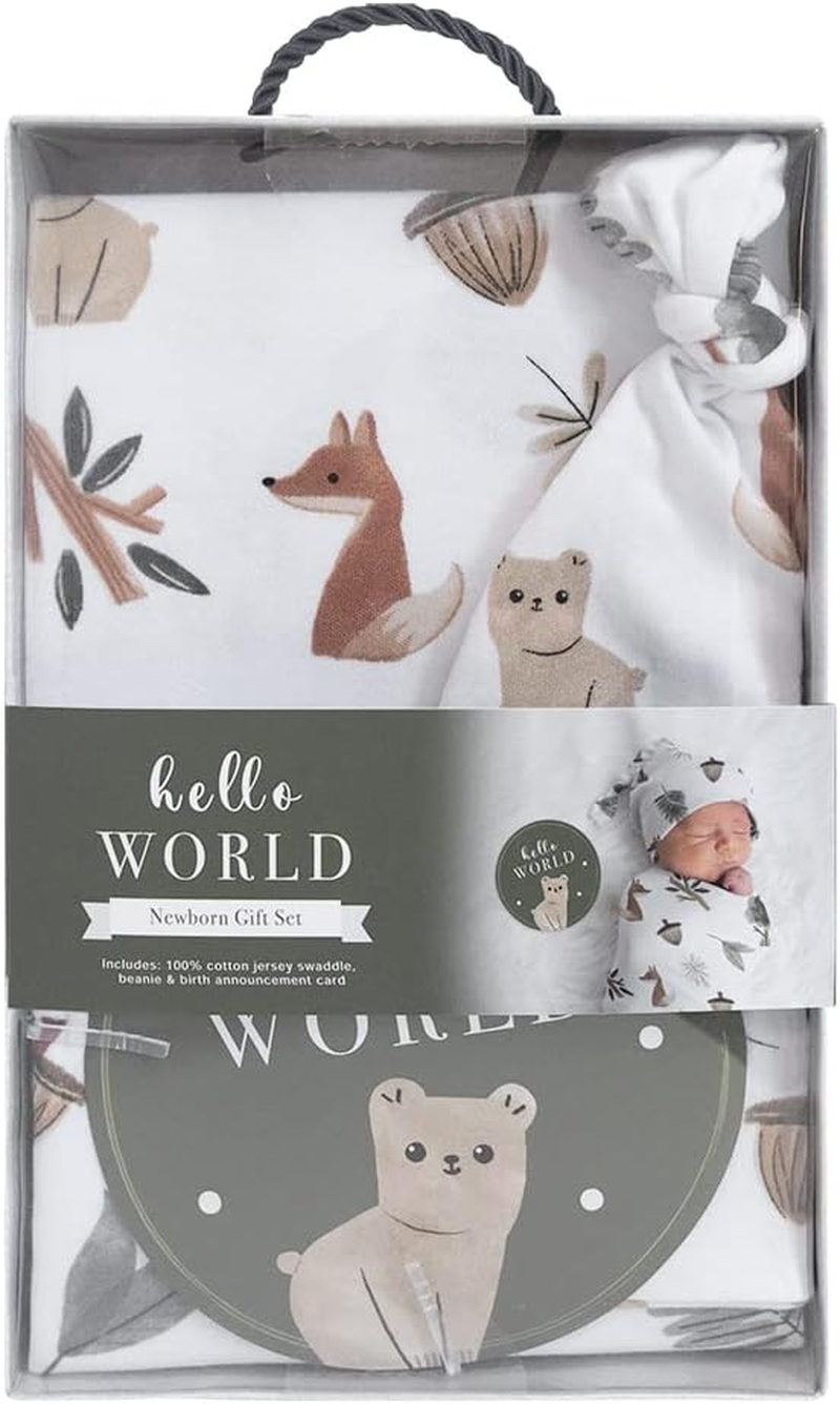 Living Textiles Hello World Newborn Gift Set &ndash; Forest Retreat |Premium Fabric for Baby'S Best Comfort, 3-Piece Set: Swaddle, Beanie & Birth Announcement Card | 100% Cotton Jersey & Machine Washable image number 4