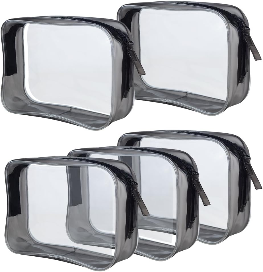 Wobe 5 Packs Clear Cosmetics Bag TSA Approved, PVC Zippered Toiletry Carry Pouch Portable Makeup Bag for Vacation Travel, Bathroom and Organizing Waterproof Makeup Vinyl Case, Transparent, Medium