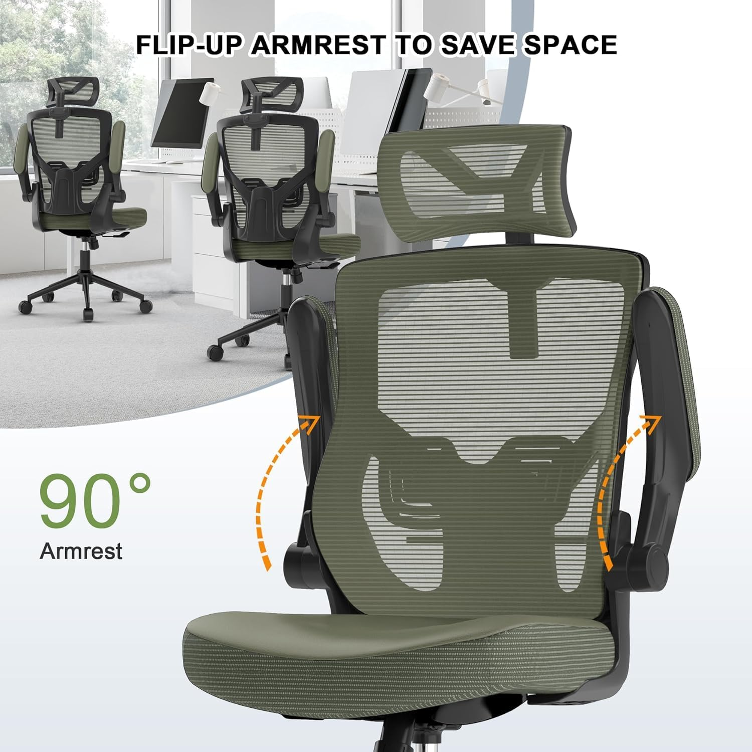 , Ergonomic Mesh Desk Chair, High Back Computer Chair- Adjustable Headrest with Flip-Up Arms, Lumbar Support, Swivel Executive Task Chair (Modern, Hunter Green) - Beige image number 6