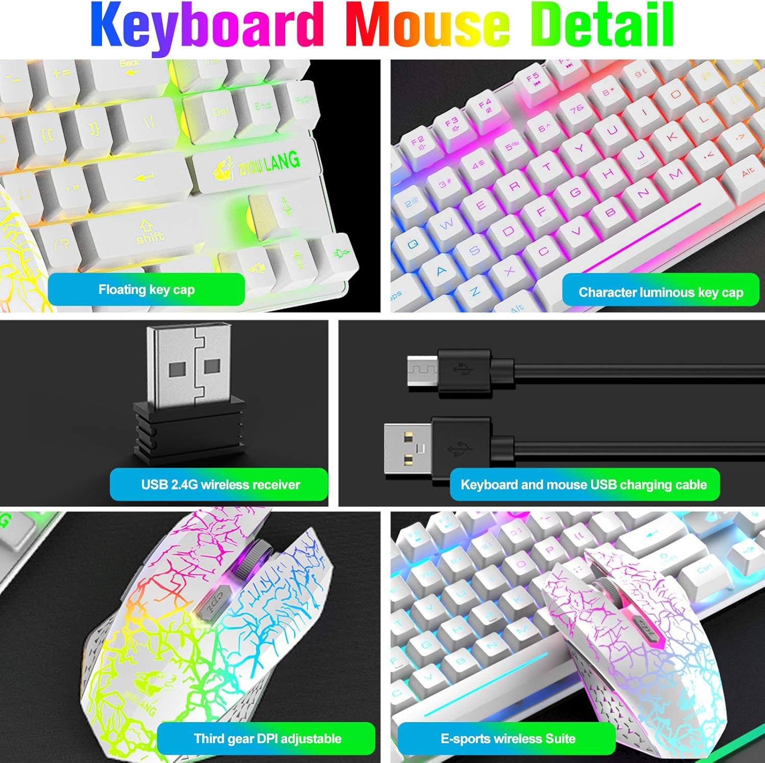 Lexonelec Wireless RGB Backlit Gaming Keyboard Mouse Combo,Rechargeable 3800Mah Battery, 87-Key Mechanical Feel Keyboard, Quiet Mouse and Mouse Pad for Gamers and Office Typists(White) image number 6