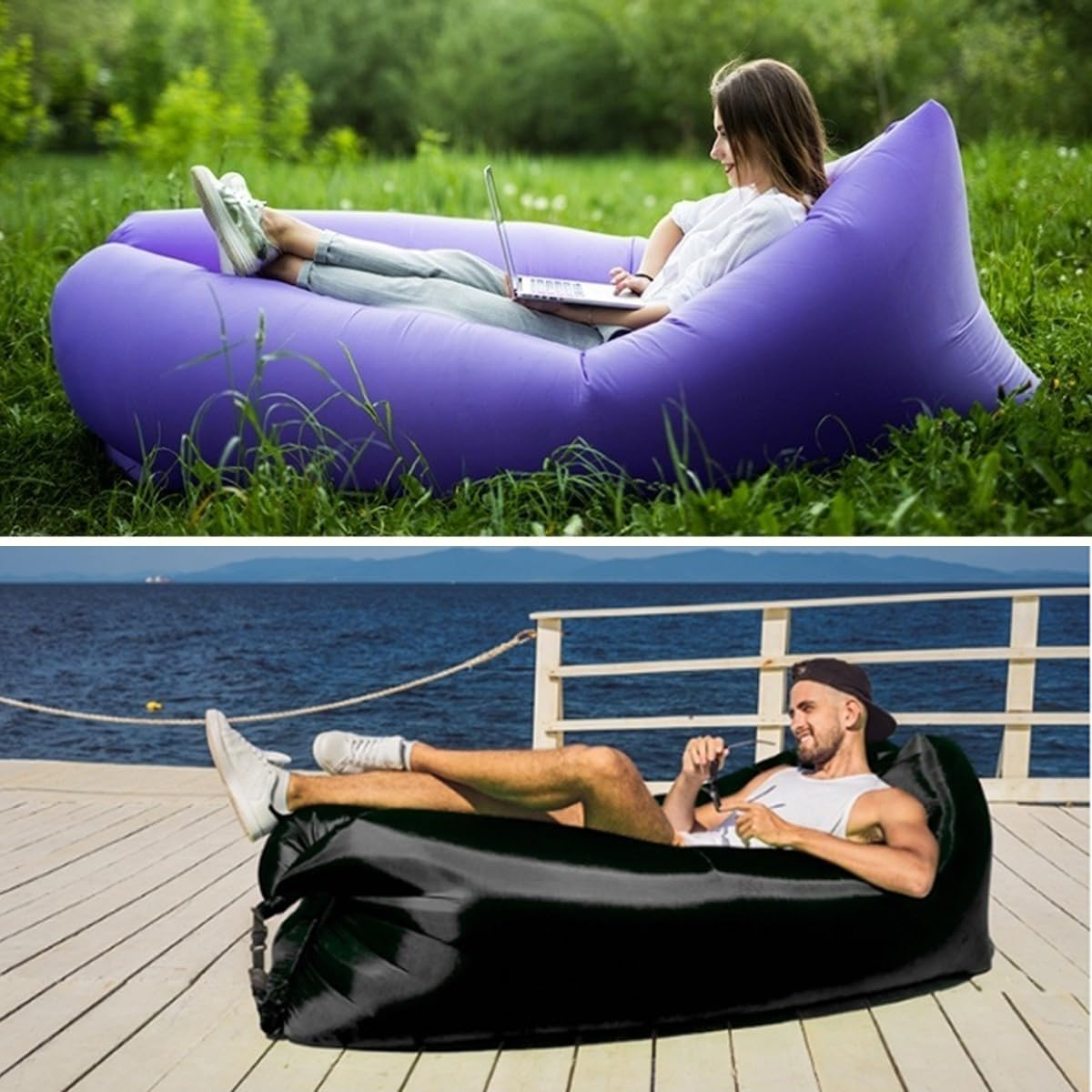 AIMALL Outdoor Inflatable Air Sofa Bed, 55X29.5 Inches Single Person Lazy Sofa for Camping, Beach, and Pool Lounger with Anti-Leak Double Air Chambers and Durable Oxford Fabric image number 3