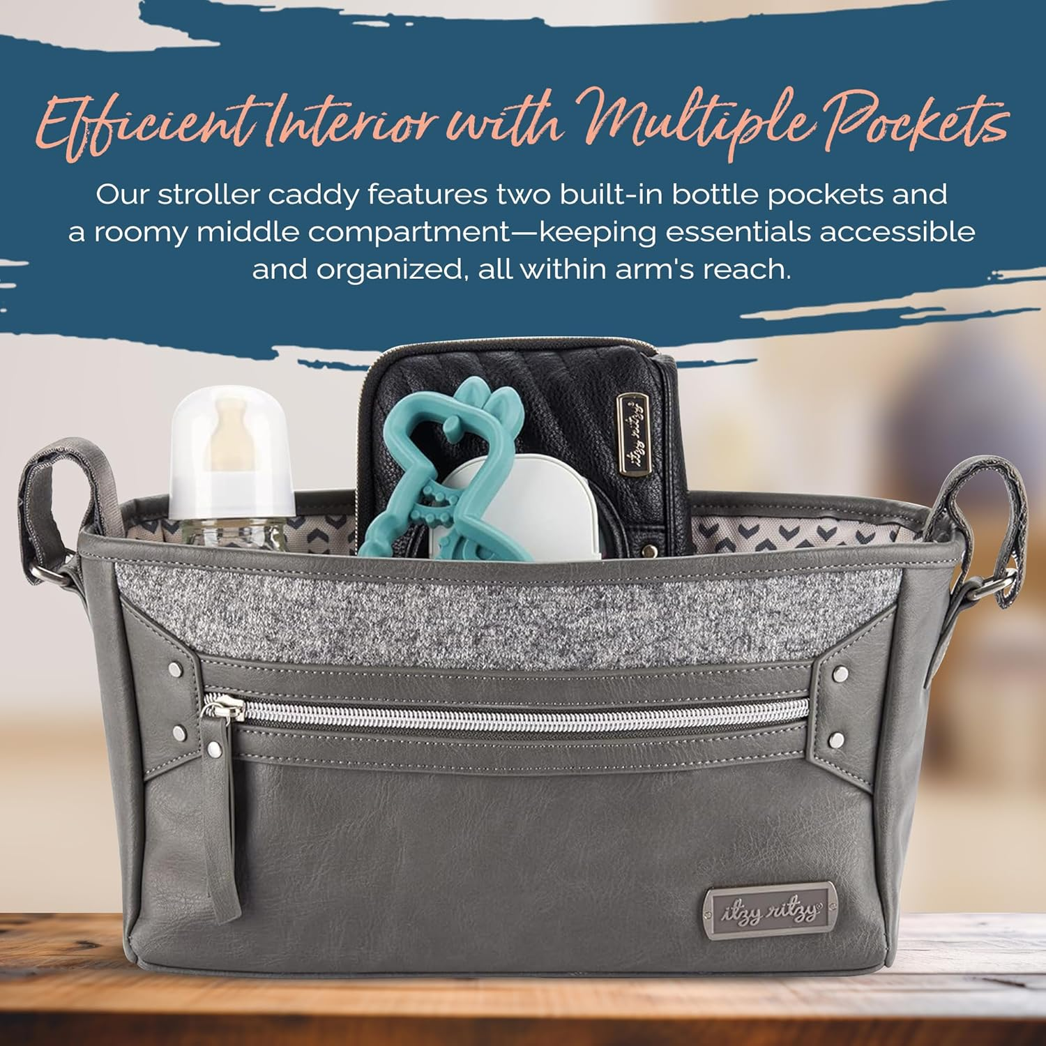 Itzy Ritzy Adjustable Stroller Caddy, Stroller Organizer Featuring Two Built-In Pockets, Front Zippered Pocket and Adjustable Straps to Fit Nearly Any Stroller, Grayson image number 3