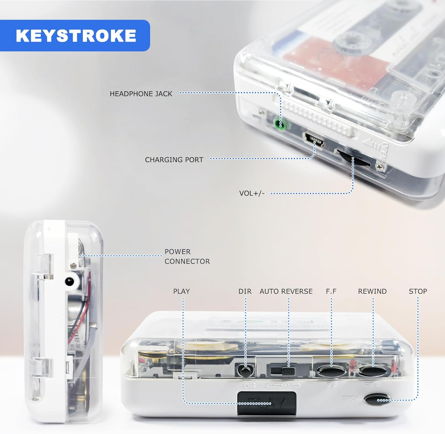 Walkman Auto Reverse ＆Clear Stereo Cassette Player,Built-In Cool Copper Wheel Movement＆Earphone,Cassette Tape to MP3 Converter with Tape Converter Software,Powered by USB Power Cord or AA Battery image number 3