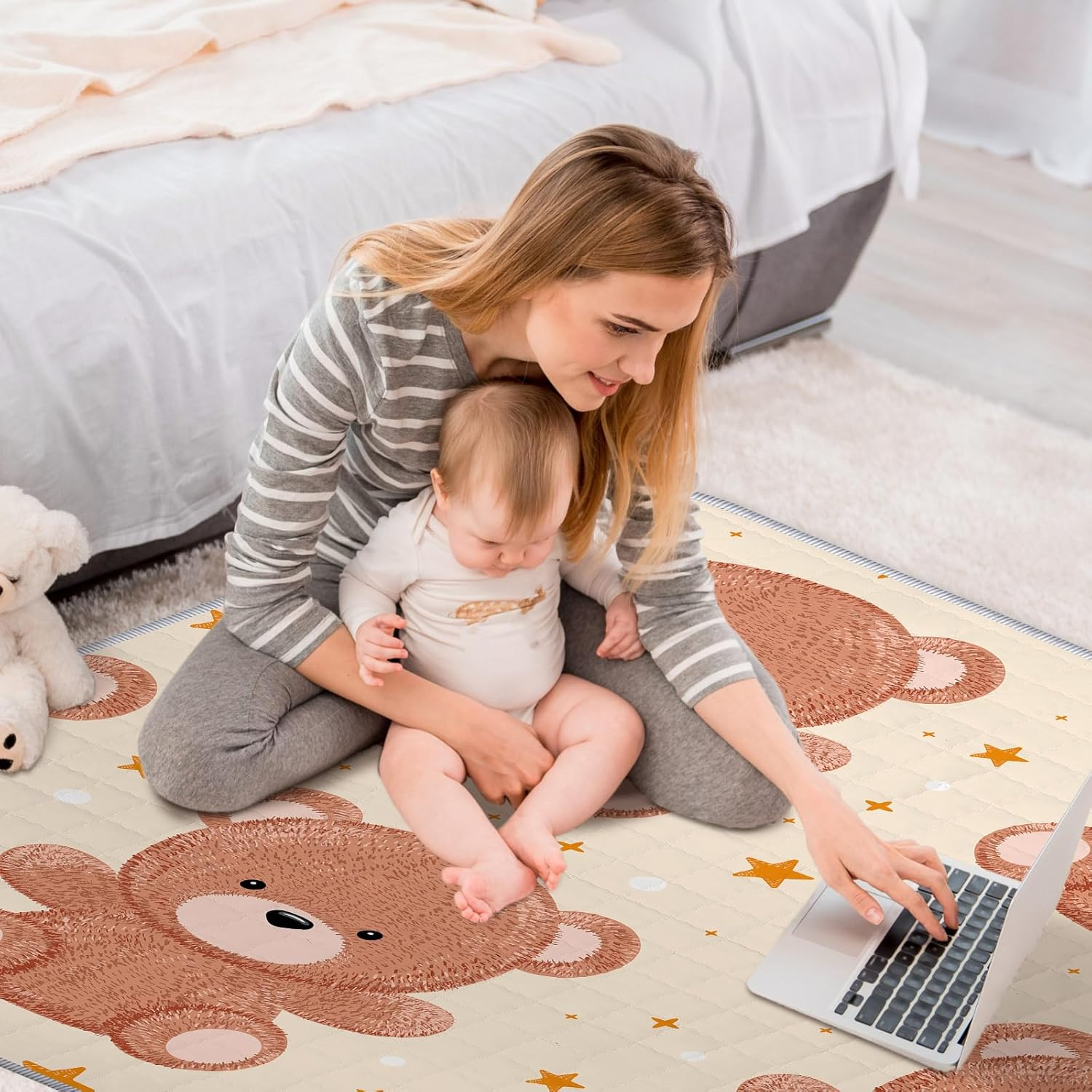 Funtery 43 X 43 Inch Boho Baby Play Mat Portable Crawling Washable Foldable Tummy Time Non Slip Baby Floor Large Playpen Mat for Infants Toddlers Floor Playpen Activity(Bear) - Mallard Duck image number 4