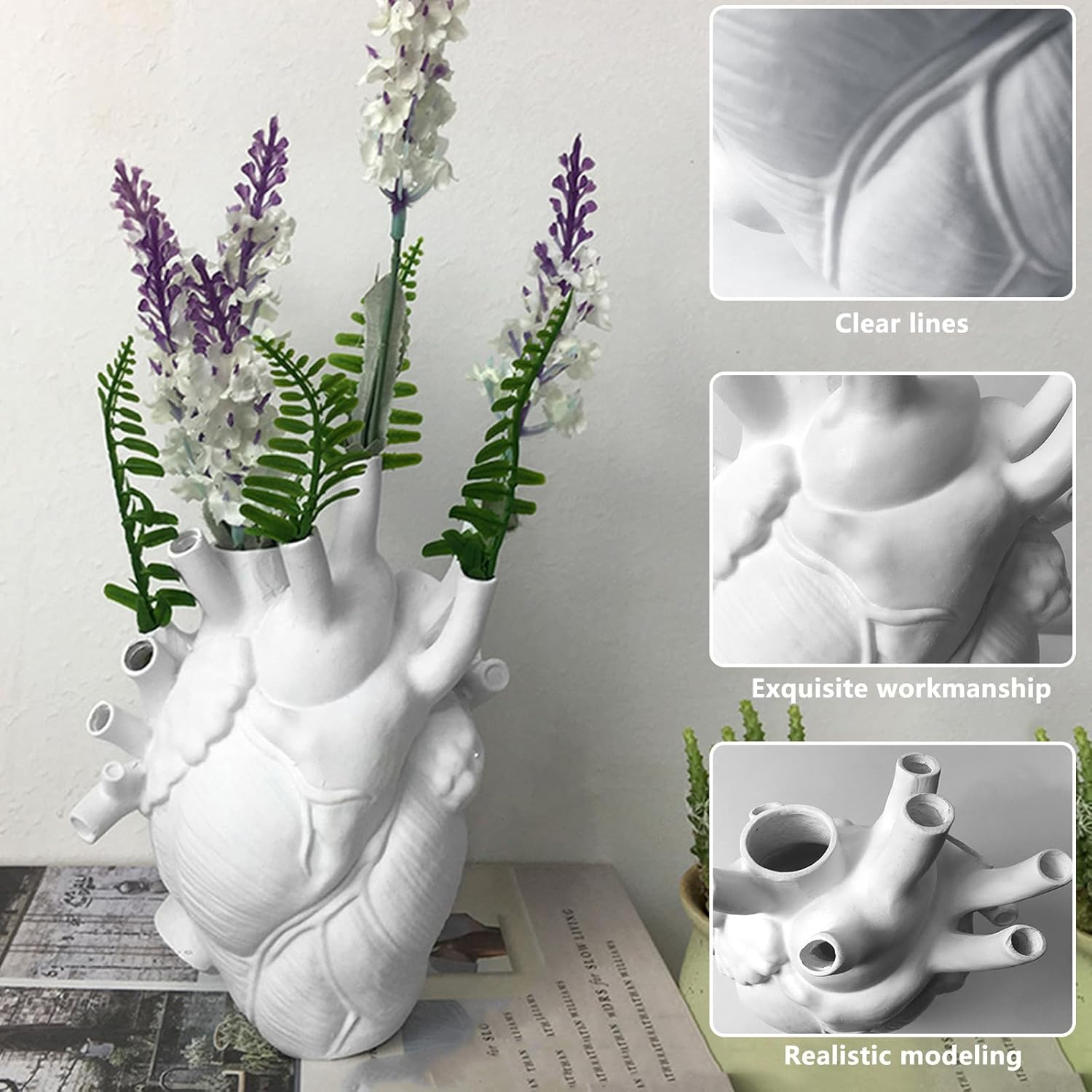 Resin Vase Planter, Decorative Heart Vase - Anatomical Heart Tabletop Decorative Craft, Farmhouse Living Room Bedroom Countertop (White,Small) image number 6
