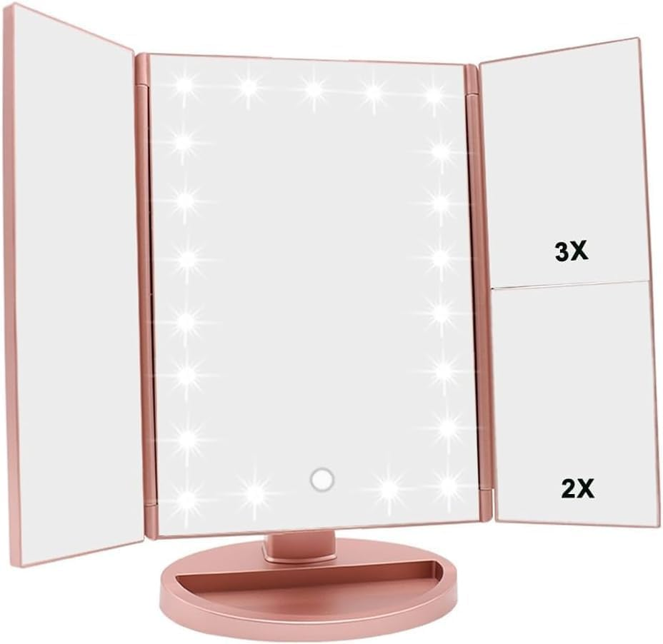 WEILY Lighted Makeup Mirror, Tri-Fold Vanity Mirror with 1X/2X/3X Magnification Mirrors, 21 Natural LED Nights and Touch Screen, Chargeable Travel Cosmetic Mirror for Desktop (Rose Gold)