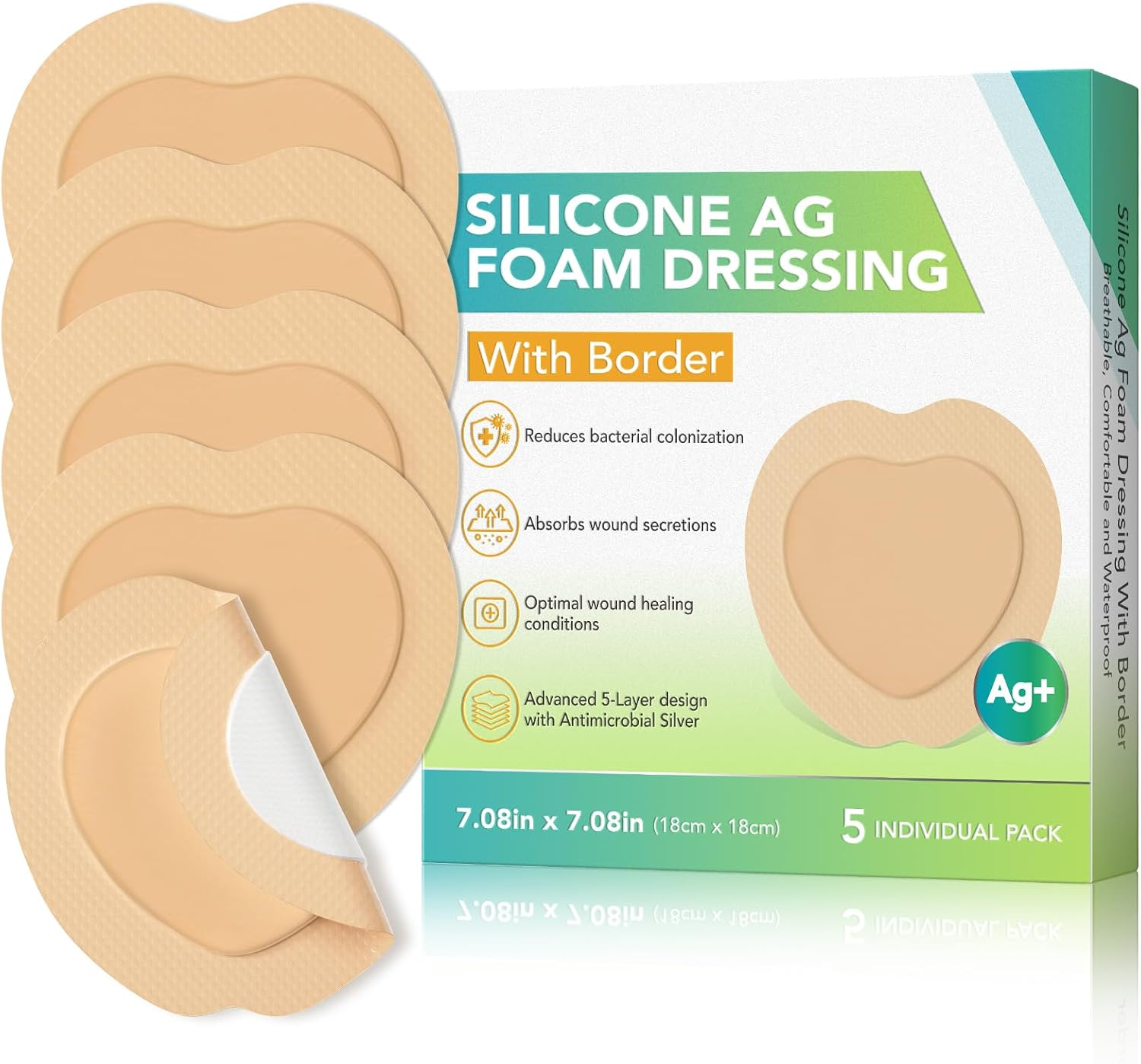Silicone Foam Dressing with Border Adhesive 4"X4" - Silicone Ag Foam Dressing with Waterproof Gentle, Large Wound Dressing Bandage for Wound Care 5 Pack image number 6
